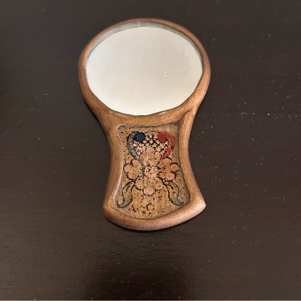 Vintage hand-painted reverse-painted glass and wood hand mirror brown 4x2.5” - Picture 6 of 6